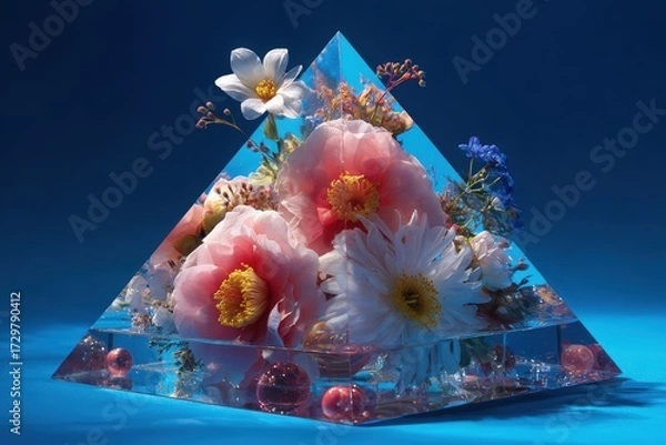 Fototapeta A vibrant bouquet of flowers, in a clear pyramid-shaped glass container, against a deep blue backdrop.