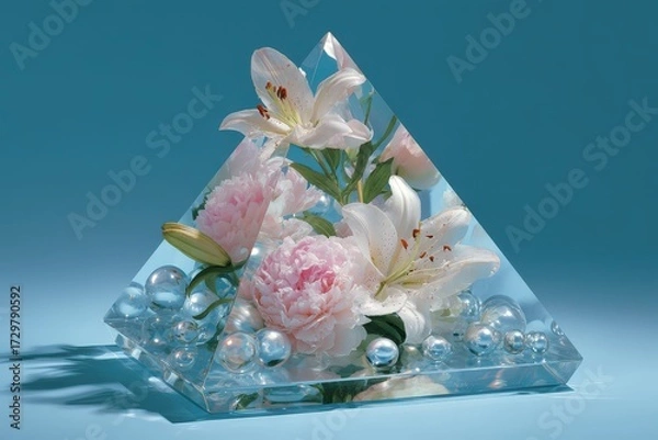 Fototapeta Delicate flowers arranged within a transparent pyramid vase, creating a serene and airy display.