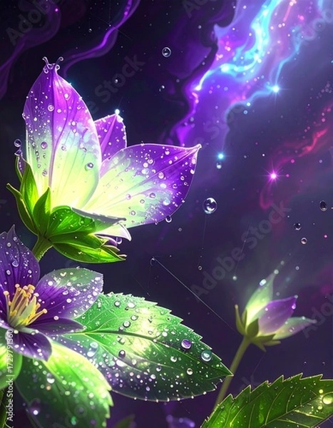 Obraz Dreamy Celestial Flowers Adorned with Water Droplets Under a Cosmic Nebula