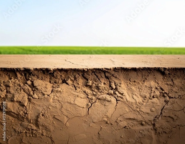 Fototapeta Detailed cross-section of earth showing the textured soil and dirt layers beneath a vibrant green grass field