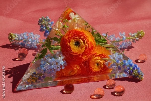 Fototapeta A vibrant arrangement of orange and blue flowers displayed in a clear, geometric glass vase on a soft rose-pink surface.