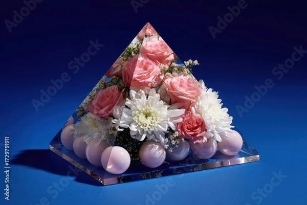Fototapeta A transparent, triangular prism showcases a bouquet of pastel pink and white flowers, nestled amongst delicate, light lavender spheres, against a vibrant, deep blue backdrop.