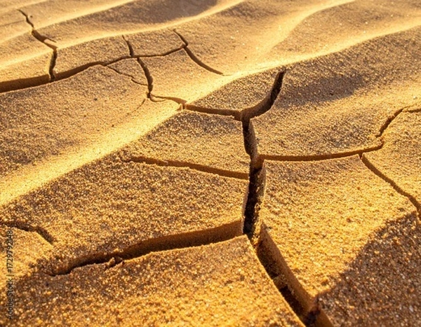 Obraz Macro view of cracked and barren soil in a desolate desert, highlighting the impact of extreme heat and arid conditions