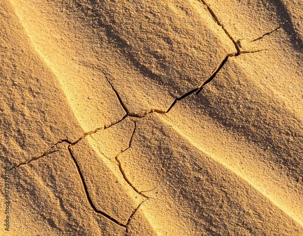 Obraz Close-up of parched desert sand with intricate cracks and ripples, bathed in golden light, showcasing the harsh beauty of arid landscapes and the effects of natural erosion