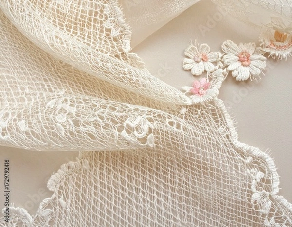 Obraz Elegant vintage lace fabric with delicate floral embellishments, perfect for crafting and sewing projects