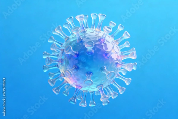 Obraz Microscopic view of a virus particle with spike proteins on a blue background