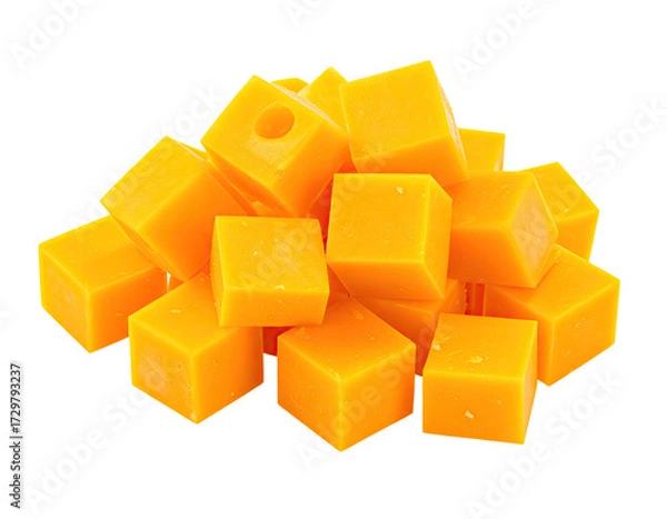 Fototapeta Cubed cheese, a pile of small, golden-orange cheese cubes, tightly clustered