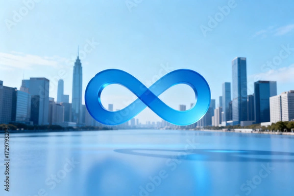 Obraz Blue infinity symbol floating above a city skyline reflected in water
