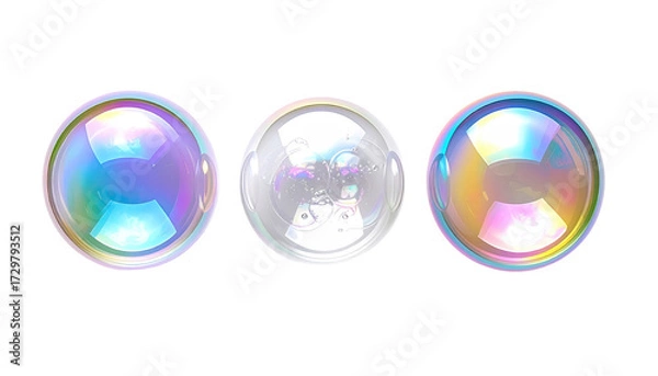 Fototapeta Three iridescent spheres, a digital illustration, display a spectrum of pastel hues.  