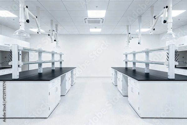 Obraz Modern laboratory interior with white workstations, black countertops, and overhead fume hoods