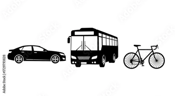 Fototapeta Black silhouettes of a car, bus, and bicycle arranged in a horizontal line on a white background