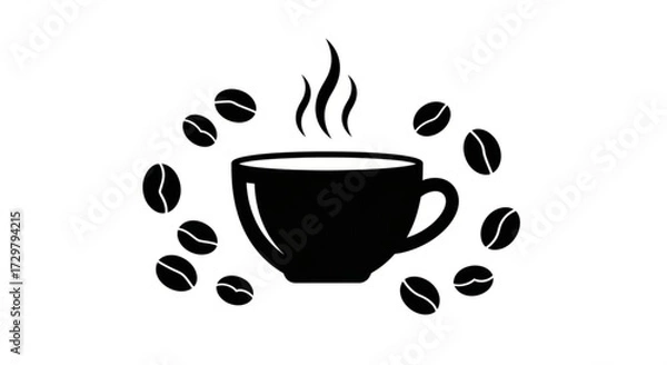 Fototapeta Black coffee cup with steam surrounded by coffee beans in a circular arrangement on a white background