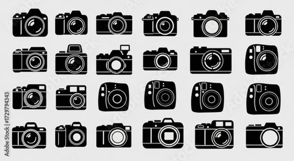 Fototapeta Collection of twenty four black camera icons arranged in a grid pattern on a light background