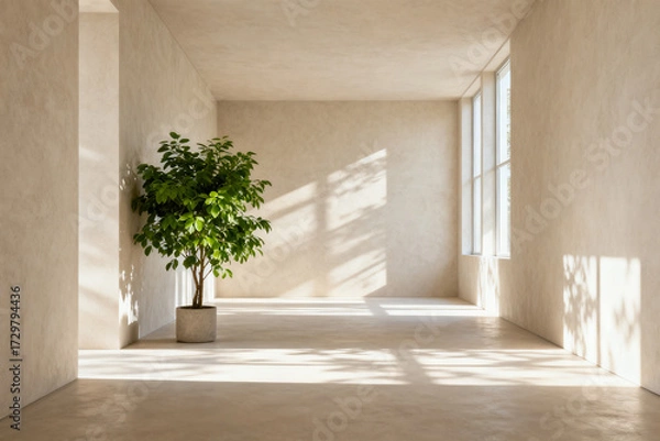 Obraz Minimalist interior space with a potted plant and natural light streaming through a window