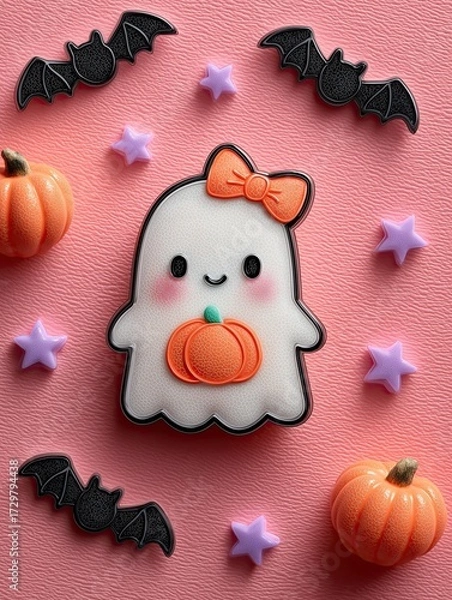 Obraz Cute kawaii ghost with a bow holding a pumpkin, surrounded by stars and bats on a pink background, in a 3D sticker style, perfect for Halloween or spooky-themed decorations.