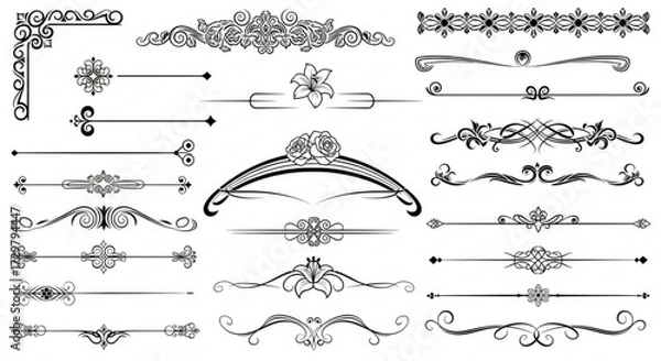Fototapeta Collection of decorative dividers and corner elements in black and white vector illustration