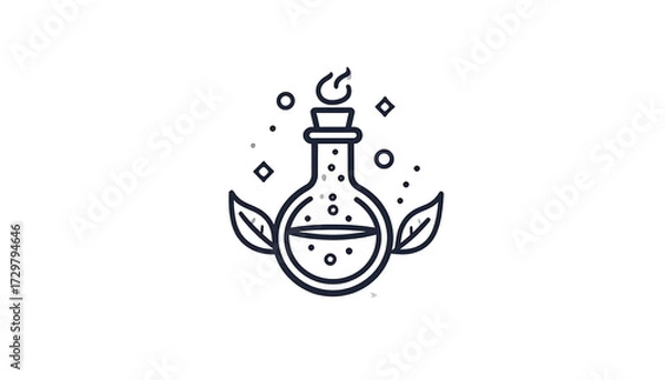 Fototapeta Dark, stylized illustration of a magic potion flask.  Flames rise from the neck of the flask, surrounded by sparkles.  Delicate leaves frame the base.  Muted tones