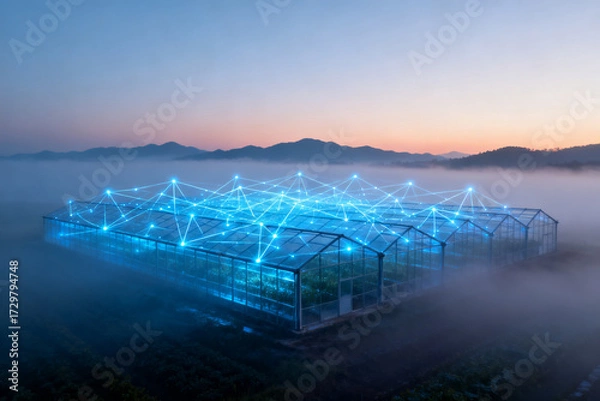 Obraz A futuristic greenhouse illuminated with blue light networks at dawn, surrounded by mist and mountains.