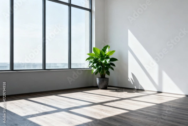 Obraz Minimalist room with large window, potted plant, and natural light casting shadows on wooden floor
