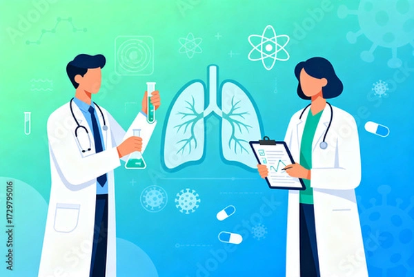 Obraz Two medical professionals examining lungs and medical data in a healthcare setting