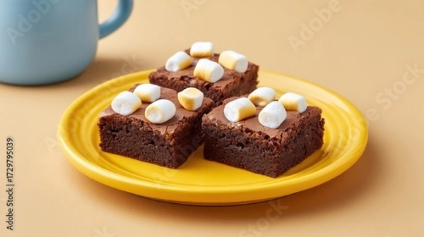 Fototapeta Delicious chocolate brownie squares topped with marshmallows served on a vibrant yellow plate next to a cozy blue cup for a perfect dessert setting