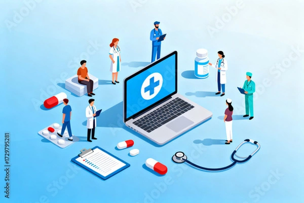Fototapeta Illustration of healthcare professionals and medical tools surrounding a laptop with a medical cross symbol, depicting digital health and telemedicine.
