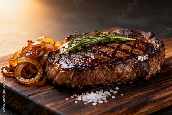 Obraz Grilled steak with rosemary and caramelized onions on a wooden board