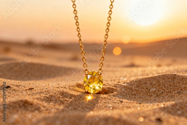 Obraz Golden necklace with yellow gemstone resting on sandy beach at sunset