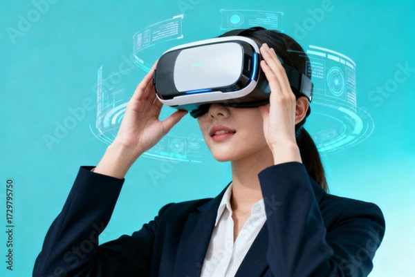 Obraz Woman wearing virtual reality headset with digital interface overlay