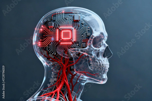 Obraz Human skull with integrated circuitry and glowing red neural pathways, depicting a fusion of biology and technology