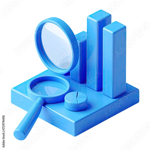 Fototapeta A stylized, light-blue 3D icon depicting a magnifying glass positioned over bar graphs and a pie chart, all resting on a square base. 