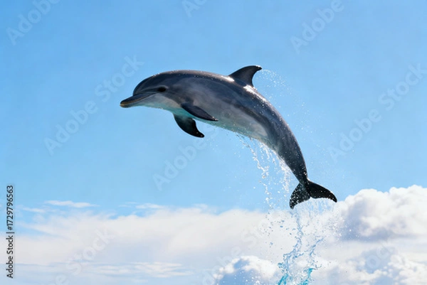 Obraz Dolphin leaping out of the water against a clear blue sky