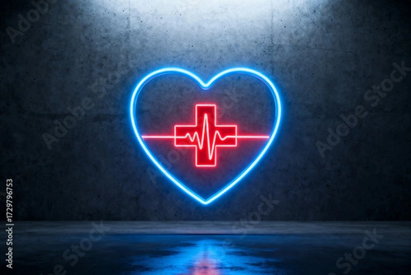 Obraz Neon heart with medical cross and heartbeat line glowing on a dark concrete wall