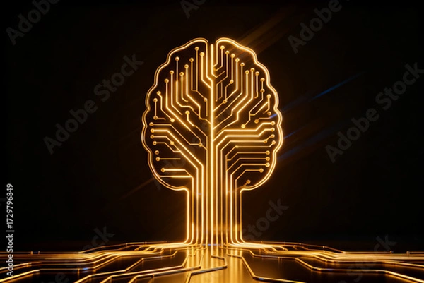 Obraz Golden circuit board tree glowing with light against dark background
