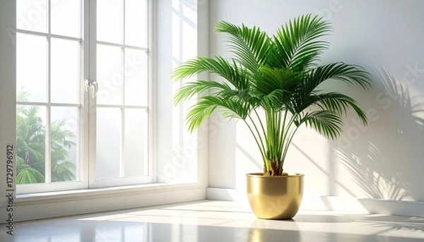 Fototapeta Indoor palm plant in golden pot near sunlit window—shadows cast on white tiled floor—evokes crafted elegance, symbolic stillness, and the rhythm of nature, light, and refined interior calm.