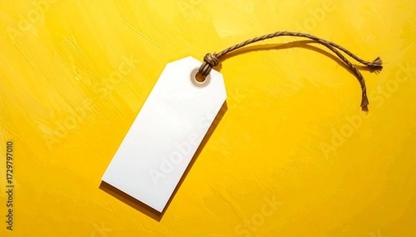Fototapeta Blank white tag with twine loop on textured yellow background—brushstroke surface and centered placement—evokes crafted clarity, symbolic identity, and the rhythm of labeling, pause, and potential.
