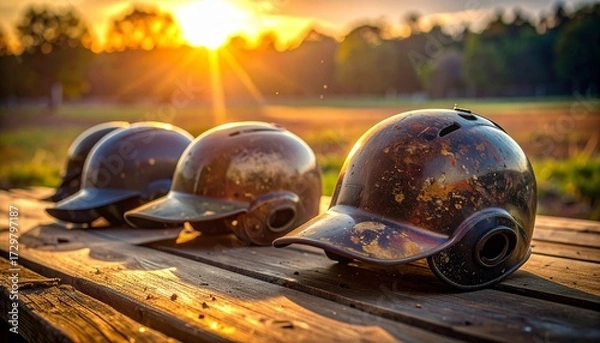 Obraz Three baseball helmets on wood surface at sunset—shiny, reflective, and worn camouflage—set against grassy field and trees—evokes crafted contrast, symbolic legacy, and the rhythm of sport, time, and 