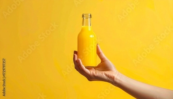 Fototapeta Hand holding clear glass bottle of yellow-orange juice against solid yellow backdrop—evokes crafted vitality, symbolic refreshment, and the rhythm of grip, glow, and portable energy.