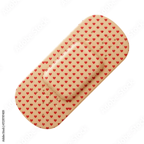 Fototapeta Beige adhesive bandage with breathable holes and love pattern, covering and protecting a small wound. Isolated on transparent background, perfect for advertising, medical promotion, and creative healt