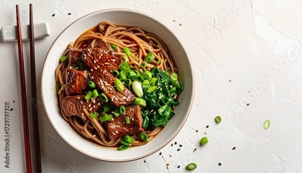 Fototapeta Asian noodle bowl with glazed meat, red chili, green onion, and sesame—dark noodles in white bowl with chopsticks—evokes crafted flavor, symbolic heat, and the rhythm of spice, texture, and comfort.