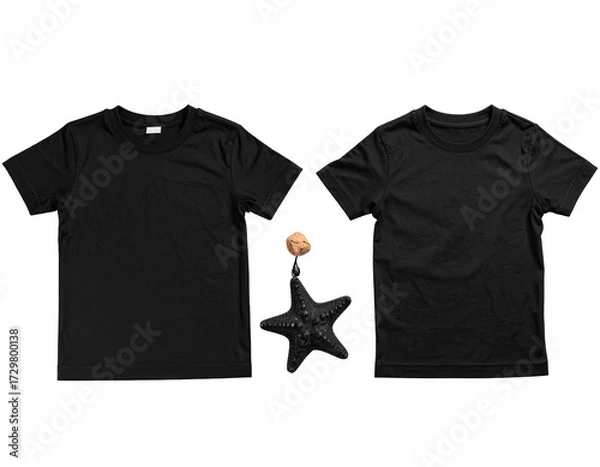 Fototapeta Two black blank t-shirts, one with a starfish and small round object