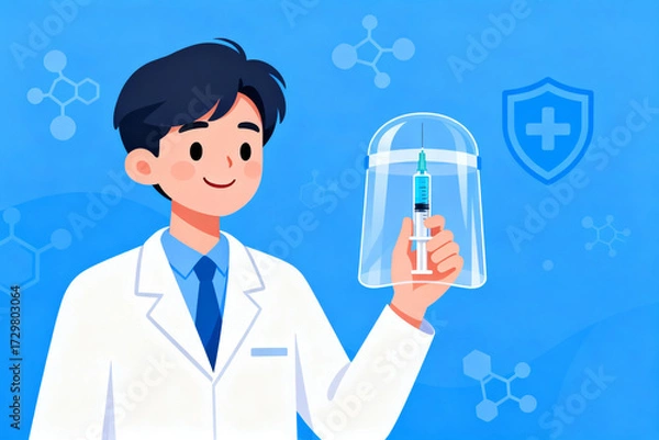 Fototapeta Scientist holding a syringe under a protective dome, symbolizing medical research and safety in healthcare.