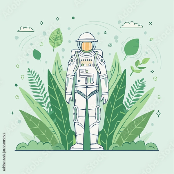 Obraz Ecological Explorer Astronaut's Journey in a Biodegradable Suit amidst Lush Foliage