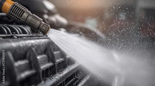Fototapeta High-Pressure Water Spray Cleaning Engine Components in Automotive Workshop with Vivid Water Droplets and Blurred Background