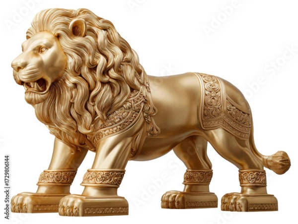 Fototapeta Golden Lion Sculpture: A majestic golden lion statue, meticulously crafted to exude strength and regal presence, showcases intricate details and timeless artistry, symbolizing power and valor.