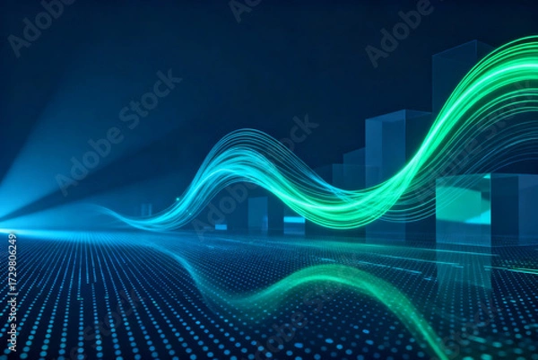 Fototapeta Abstract digital wave pattern with glowing lines over a futuristic grid background