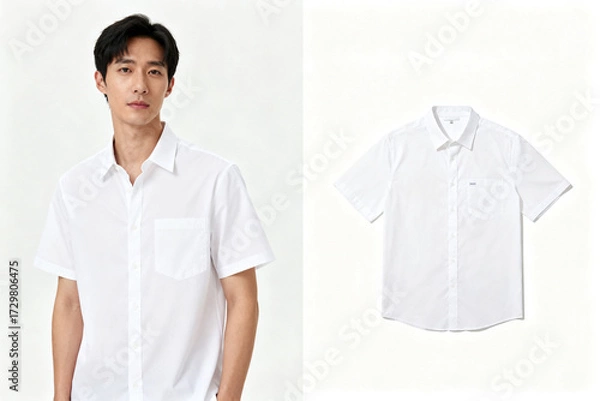 Fototapeta A man wearing a white short-sleeve button-up shirt, shown alongside a flat lay of the same shirt.
