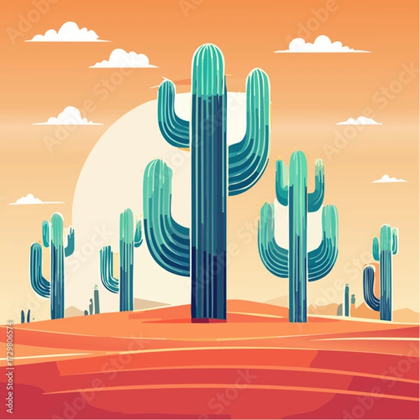 Obraz Desert Sunset with Cacti A Vibrant Illustration of the American Southwest Landscape