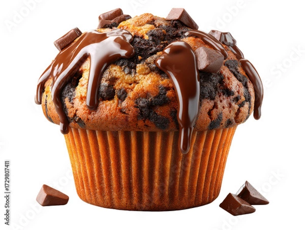 Fototapeta Chocolate Delights: A single delectable chocolate muffin sits proudly, its rich, moist interior crowned with drizzles of glossy chocolate glaze and a generous scattering of decadent chunks.
