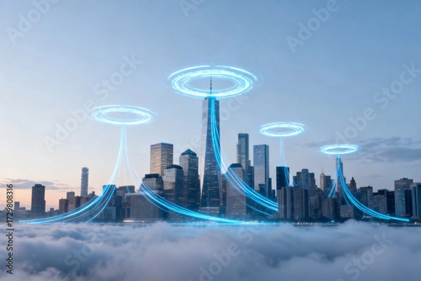 Fototapeta Futuristic city skyline with glowing energy rings and light trails above clouds